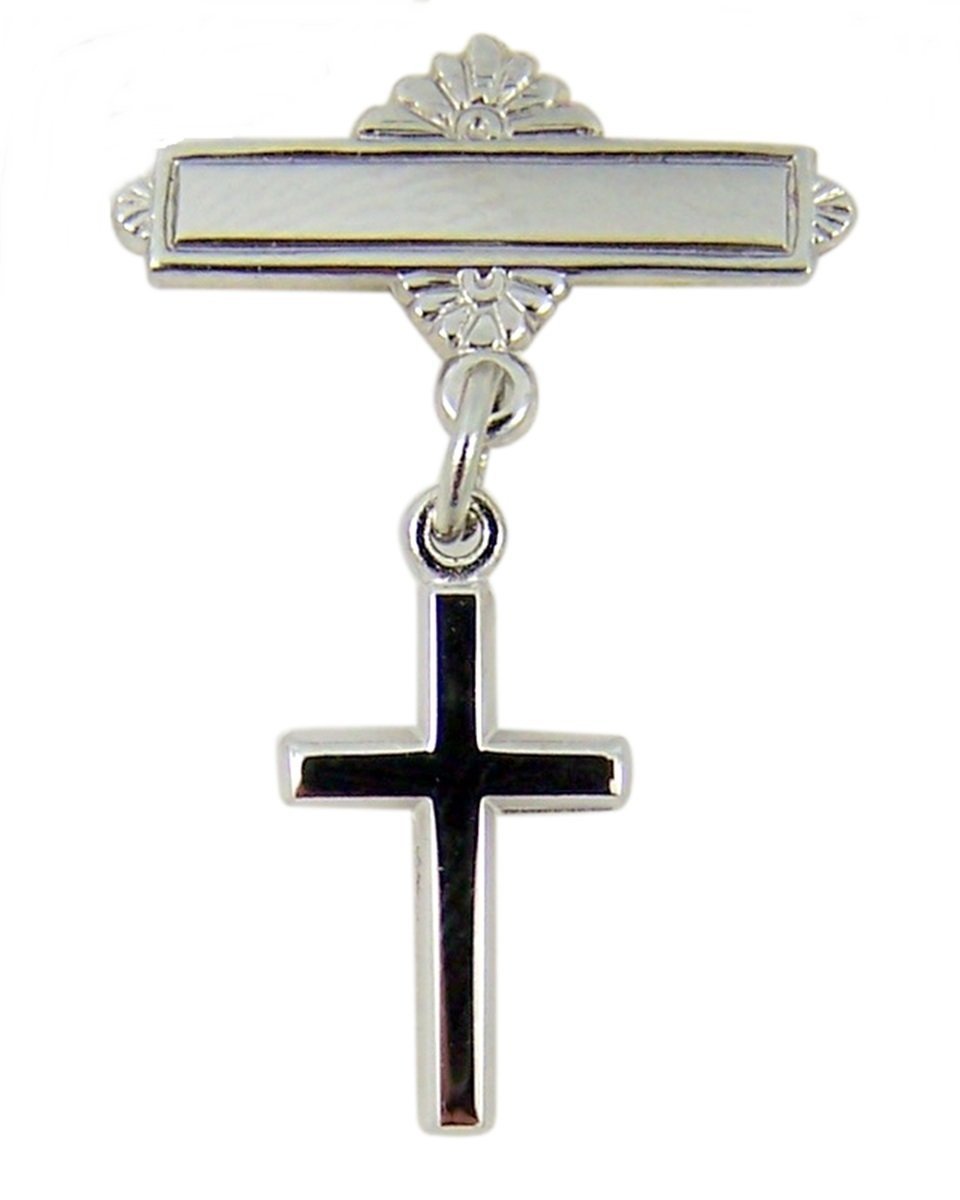 Religious Baby Jewelry Gifts Rhodium Plated Baby Bar Pin with Sterling Silver Cross Charm, 11/16 Inch