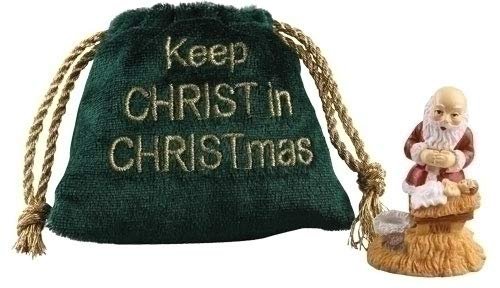 Kneeling Santa with Baby Jesus in Manger Figurine with Velvet Pouch, 2 Inch