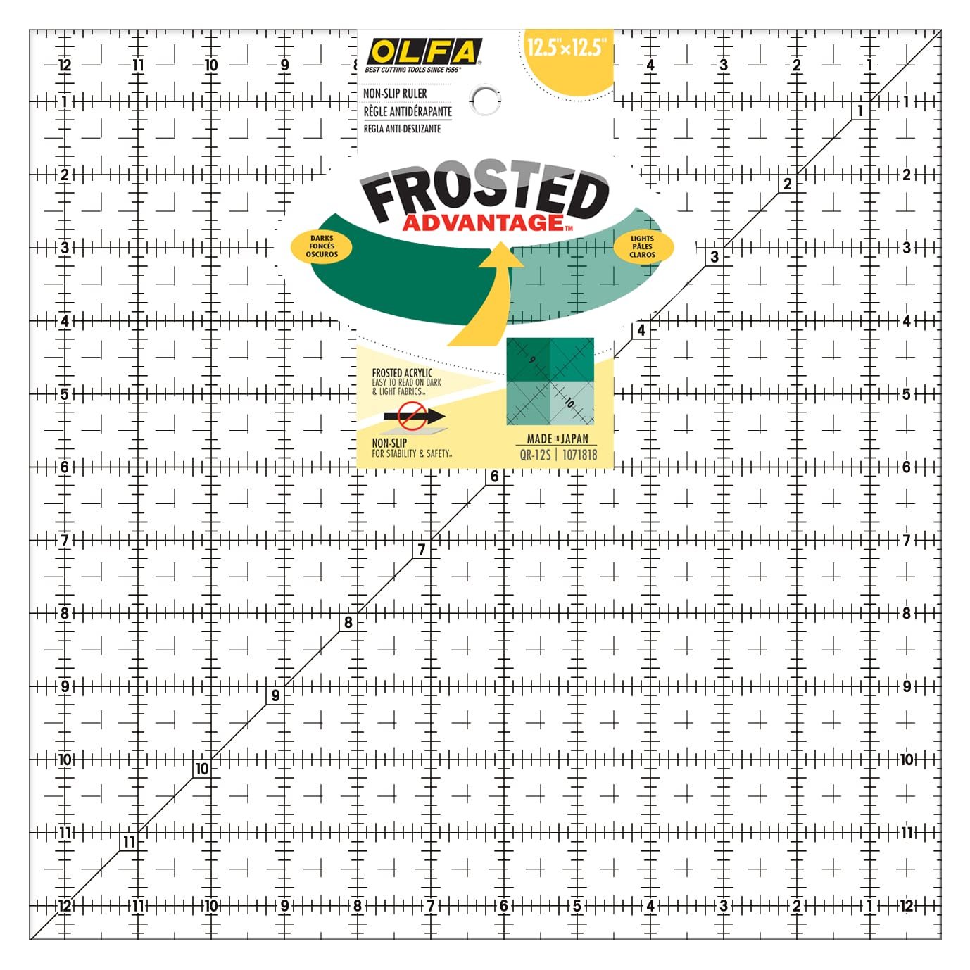OLFA 12 1/2" x 12 1/2" Frosted Acrylic Ruler (QR-12S) - Non Slip Square 12.5x12.5 Inch Acrylic Ruler with Grid for Cutting Fabric, Sewing, Quilting, & Crafts