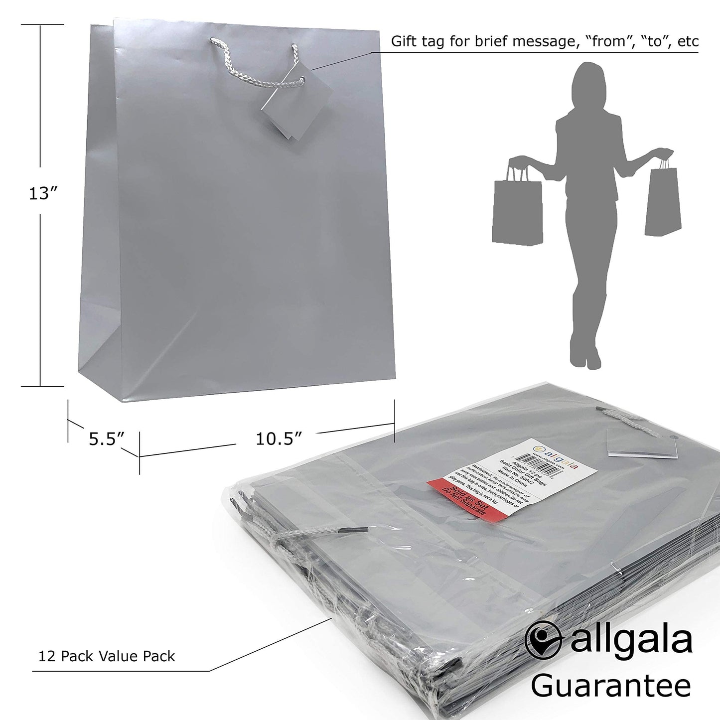 allgala Gift Bags, 12 Pack 13x10x5.5 Inch Large Silver Gift Bags with Handles for Birthday, Wedding, Party Supplies, Baby Shower, Holidays, Chirstmas