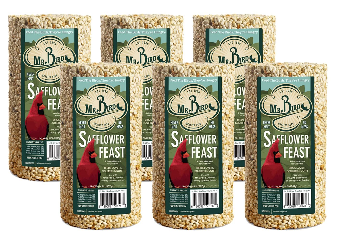 6-Pack Mr. Bird Safflower Feast Wild Bird Seed Cylinder 28oz | Wild Bird Food for Outdoor Birds | Backyard Birdfeeding | Squirrel Resistant Bird Food