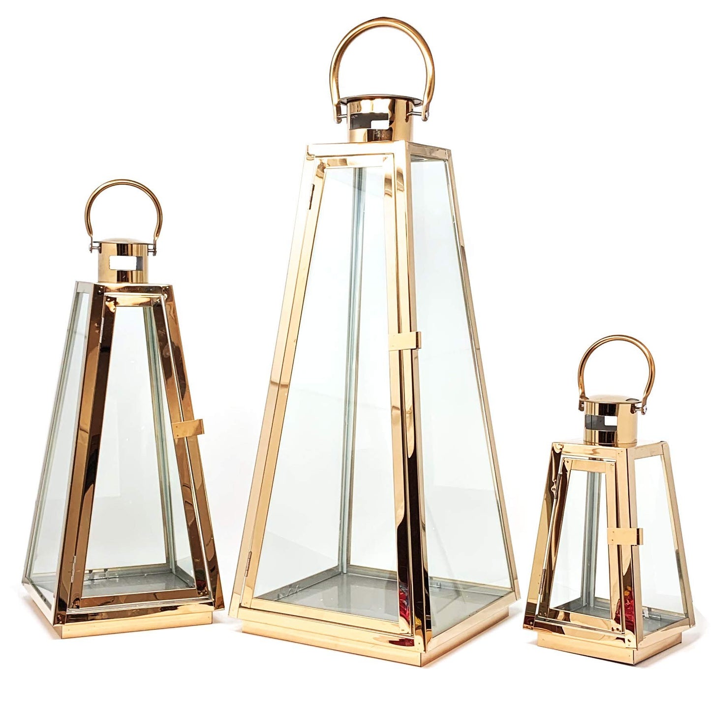 Allgala Lantern Set 3-PC Jumbo Deluxe Modern Indoor/Outdoor Candle Lantern Set with Chrome Plated Structure and Tempered Glass for Garden Poolside Fireplace Wedding