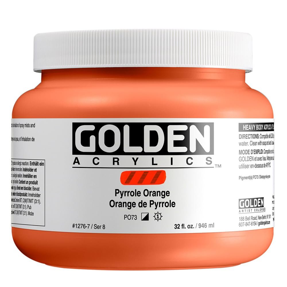 Heavy Body Acrylics by GOLDEN, Pyrrole Orange, 32 fl. oz. Jar, Professional Acrylic Paint, Semi-Opaque