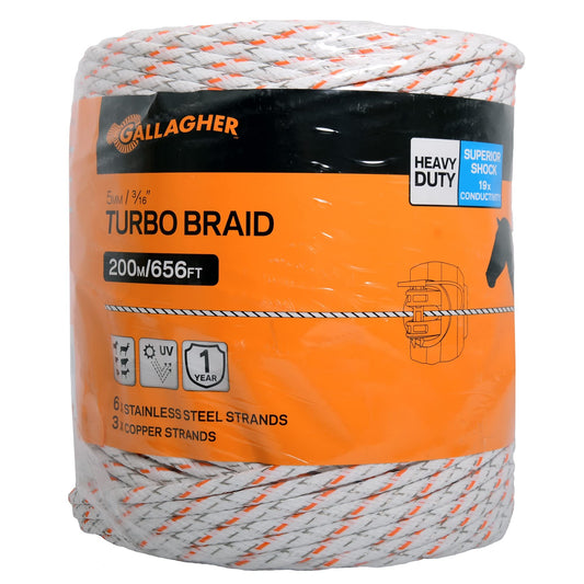 Gallagher Electric Fence Turbo Equine Braid | Heavy Duty Horse Fencing | 656 Foot | Superior Conductivity | Extreme Power | for Portable or Semi Permanent Fences | UV, Rust Resistant | 3/16" Diameter