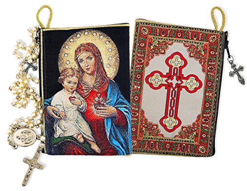 The Immaculate Heart of Mary and Jesus Child Icon Cloth Tapestry Rosary Pouch 5 3/8 Inch
