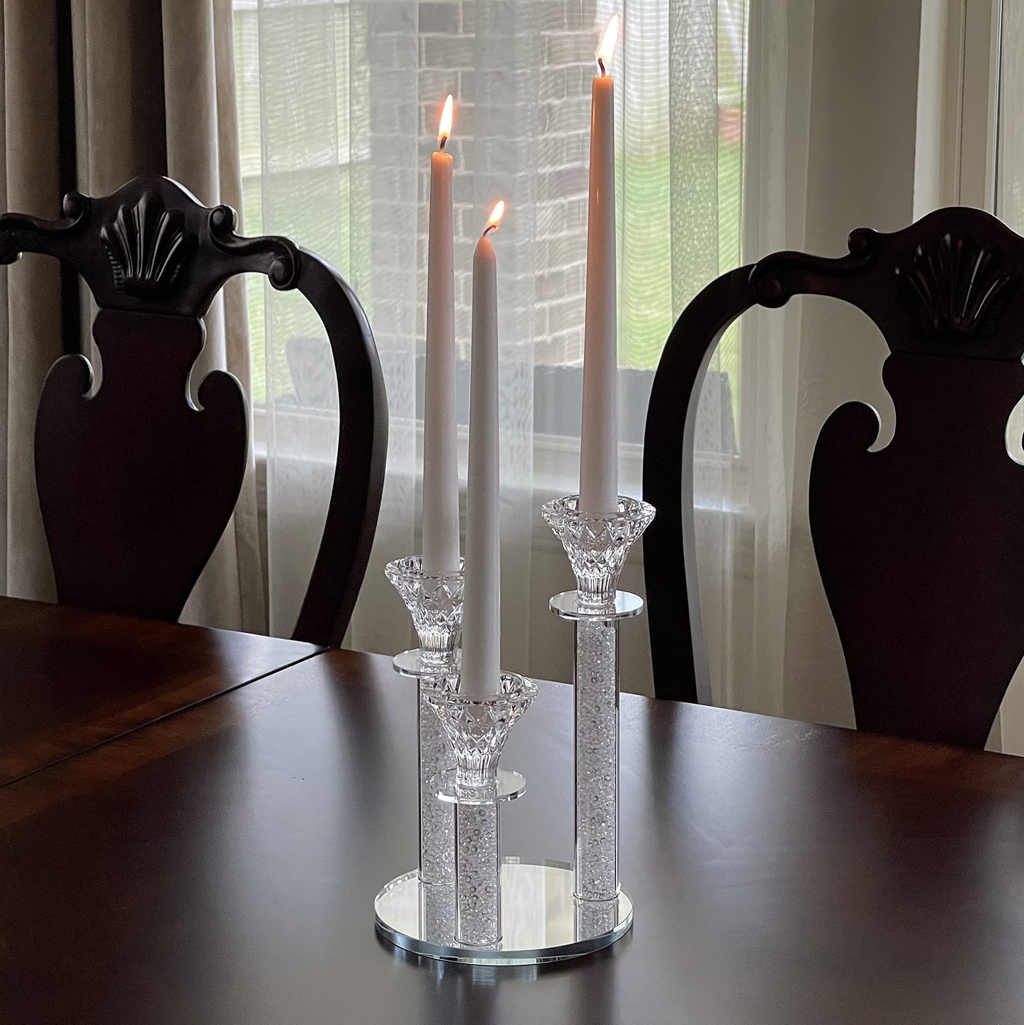 Allgala 9 Inch Tall 3-Pillar Filled with Diamond Like Stone Filled Crystal Candlesticks with Mirror Base