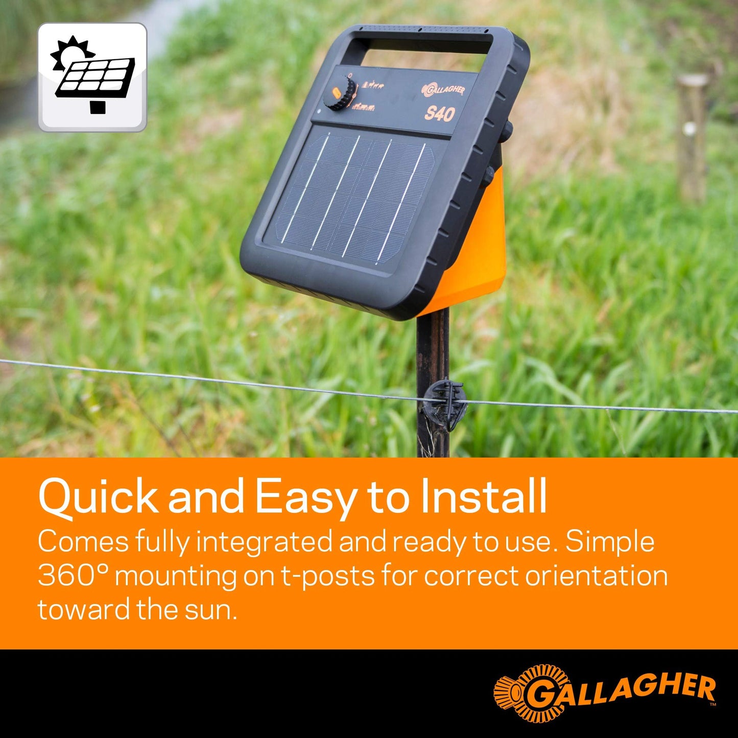 Gallagher S40 Solar Fence Charger | 0.4 Joules for Livestock, Poultry & Gardens | Powers 25 Miles Clean or 5 Miles Typical | Solar Energizer with Rechargeable Battery | Portable Off-Grid Fence Power