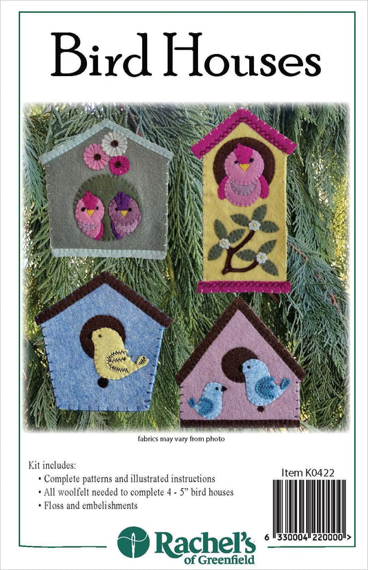 Rachel's Of Greenfield Bird Houses Kit and Pattern | Wool-Felt Ornament Kit | DIY Ornaments Kit Finished Size Around 5", Colorful Kit with Instructions and Materials Included