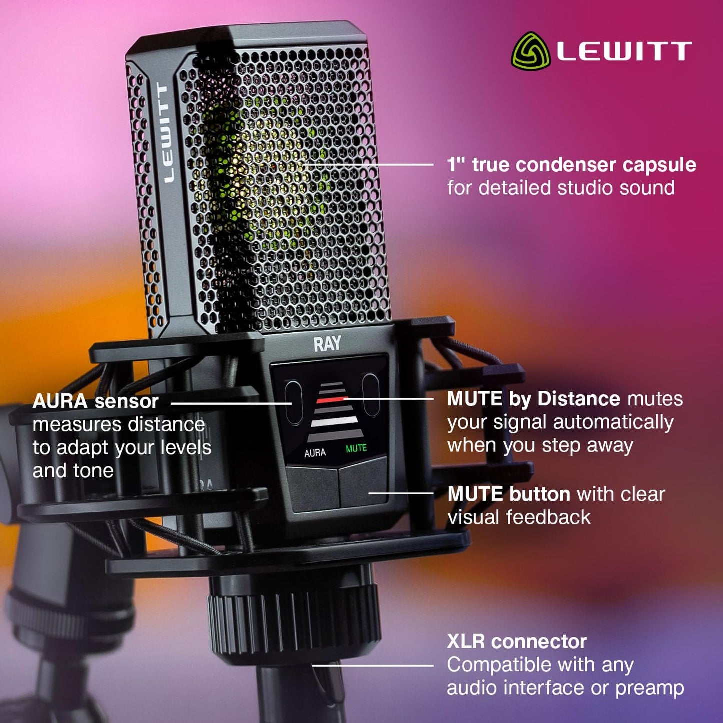 Lewitt RAY Microphone with Autofocus for Your Voice - Mute by Distance and Mute Button - for Podcasts, Streaming, Content and Music in Studio Quality - 1" Studio Condenser Capsule