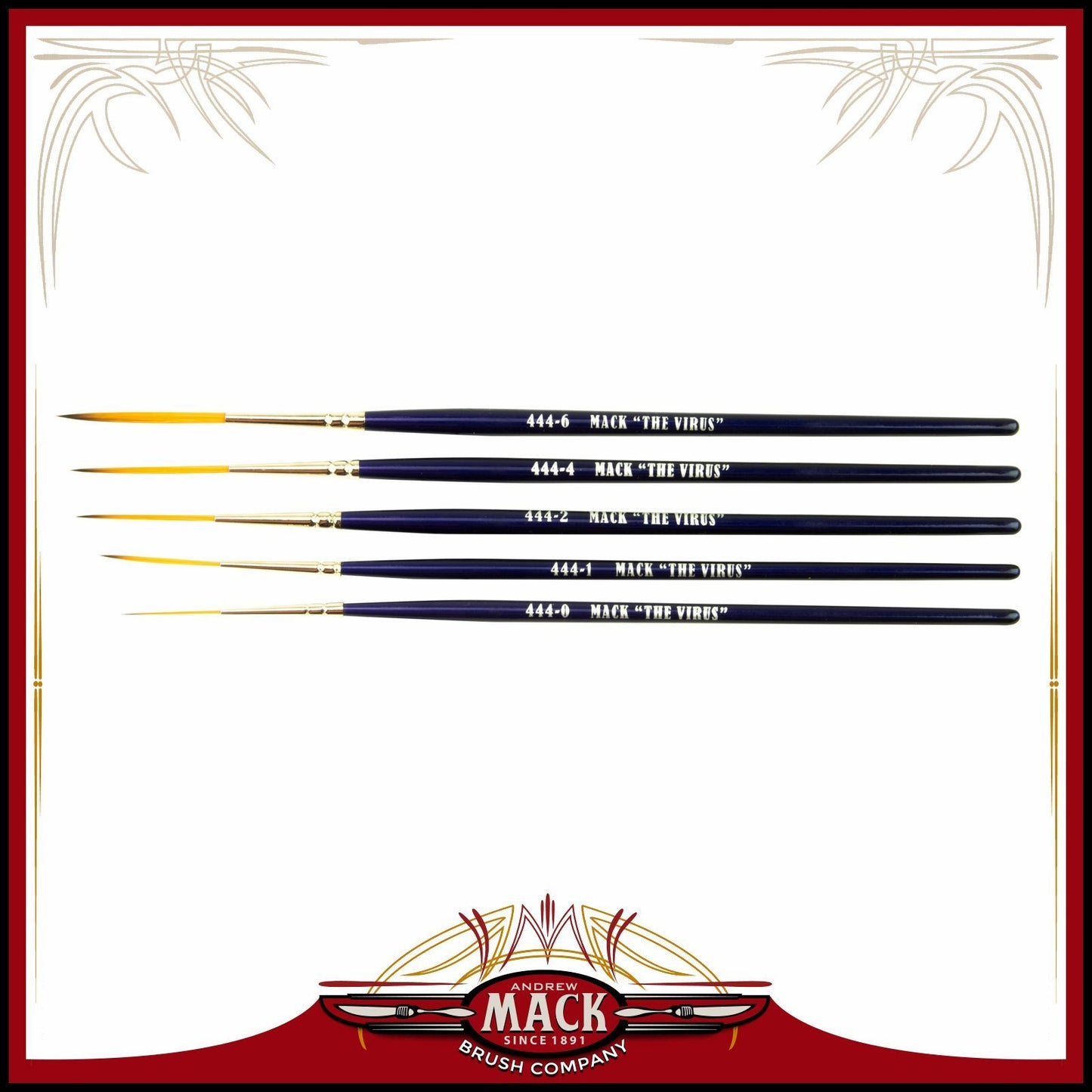 Set of 5 Size 0-6 Series 444 The Virus Scrolling Script Pinstriping Brush with Specially Blended Golden Taklon