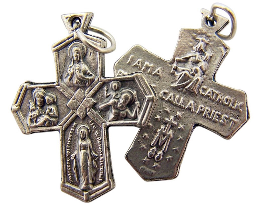Silver Toned Base I Am Catholic 4 Way Cross Crucifix Pendant, 1 1/8 Inch