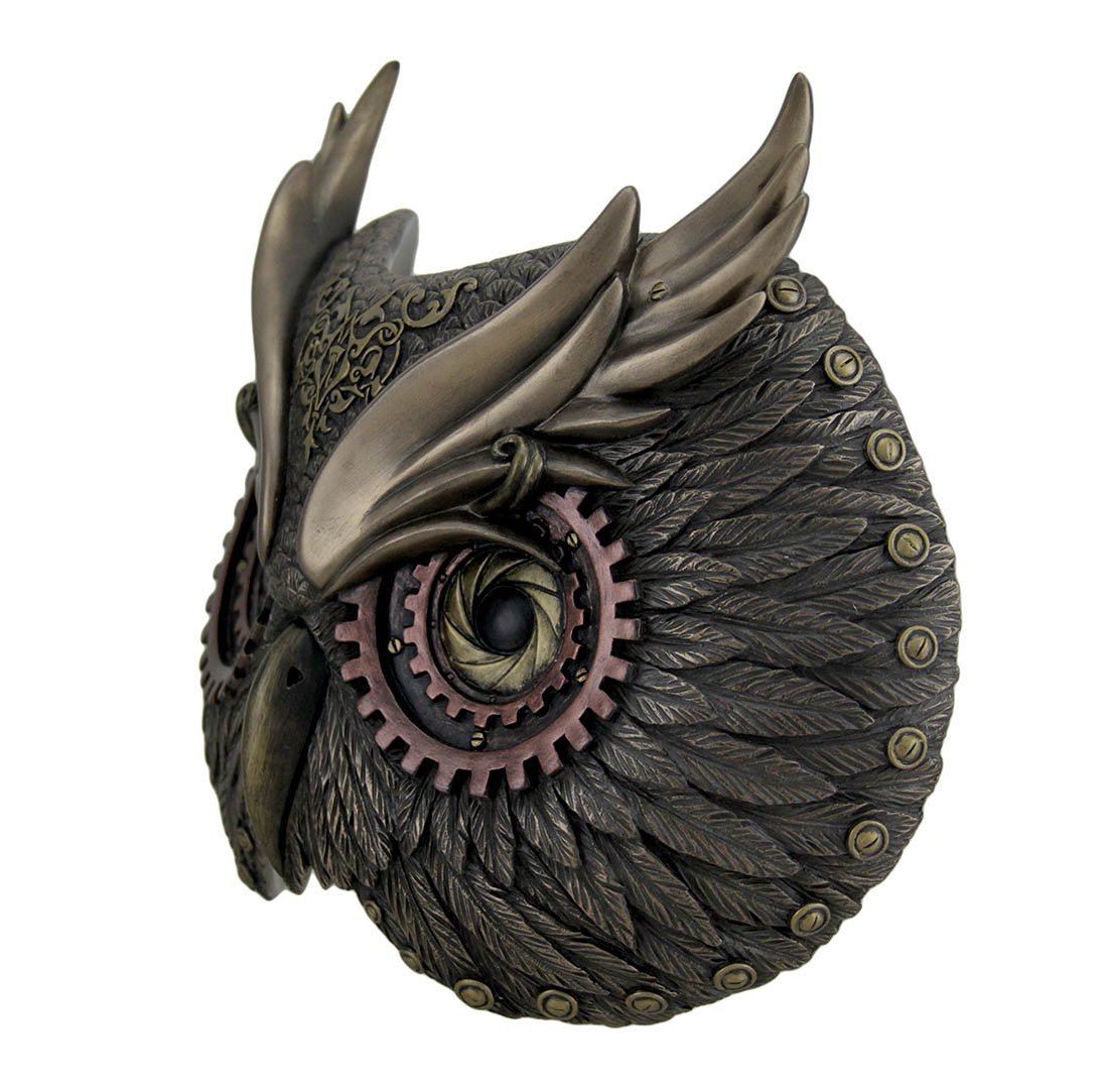 Resin Decorative Plaques Metallic Bronze Steampunk Owl Head Wall Mask 8.5 X 6.75 X 3.5 Inches Bronze