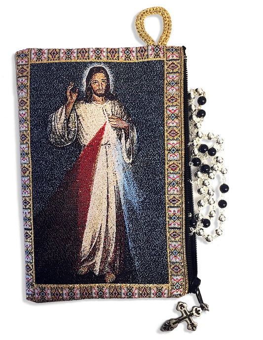 PLESIU Religious Gifts The Divine Mercy Tapestry Icon Rosary Pouch Case with Zipper 5 3/8 Inch