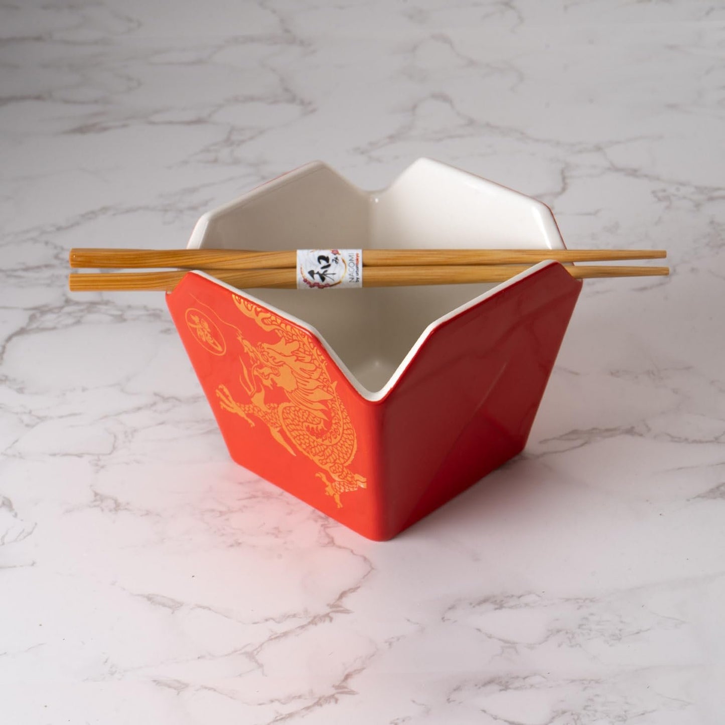Urban Tokyo Chinese Takeout Box Style Porcelain Bowl With Chopsticks 18 fl oz Square Box Shape Rice Noodles Pasta To Go Box Shaped Bowl Microwave Dishwasher Safe (Classic Pagoda)