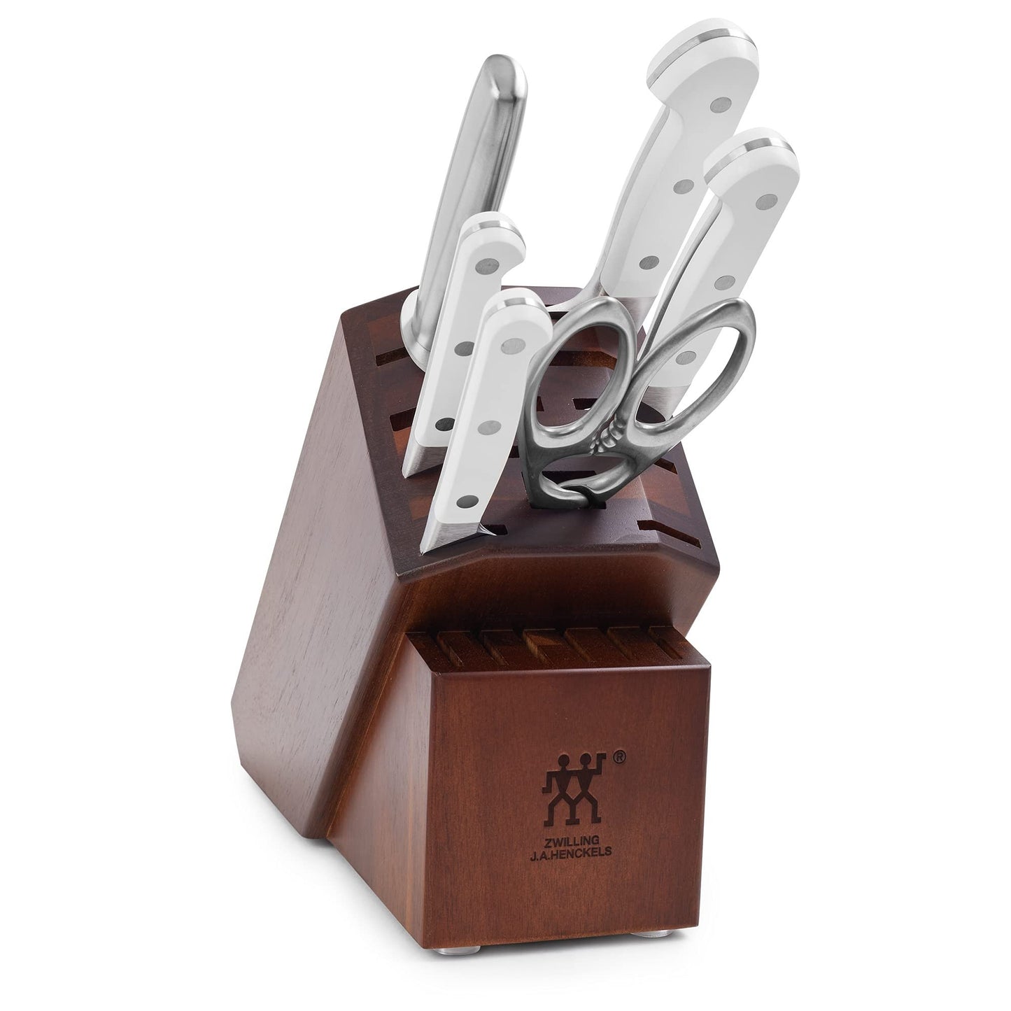 ZWILLING Pro Le Blanc 7-pc Knife Block Set, 4 Essential Knives, Honing Steel, Shears, Acacia Block, White Polymer Handle, Made in Germany