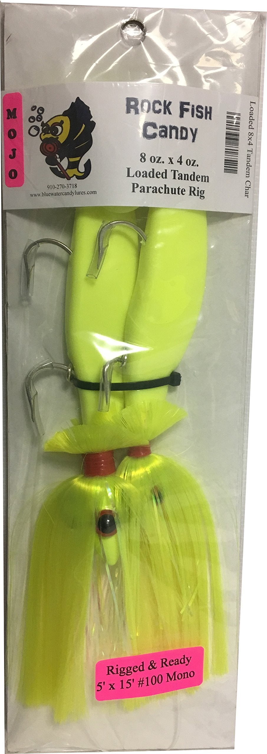 Blue Water Candy - Rock Fish Candy 8 oz & 4 oz Mojo Lure Loaded with 9-Inch Swimbait Shad Bodies Tandem Parachute Rigged & Ready