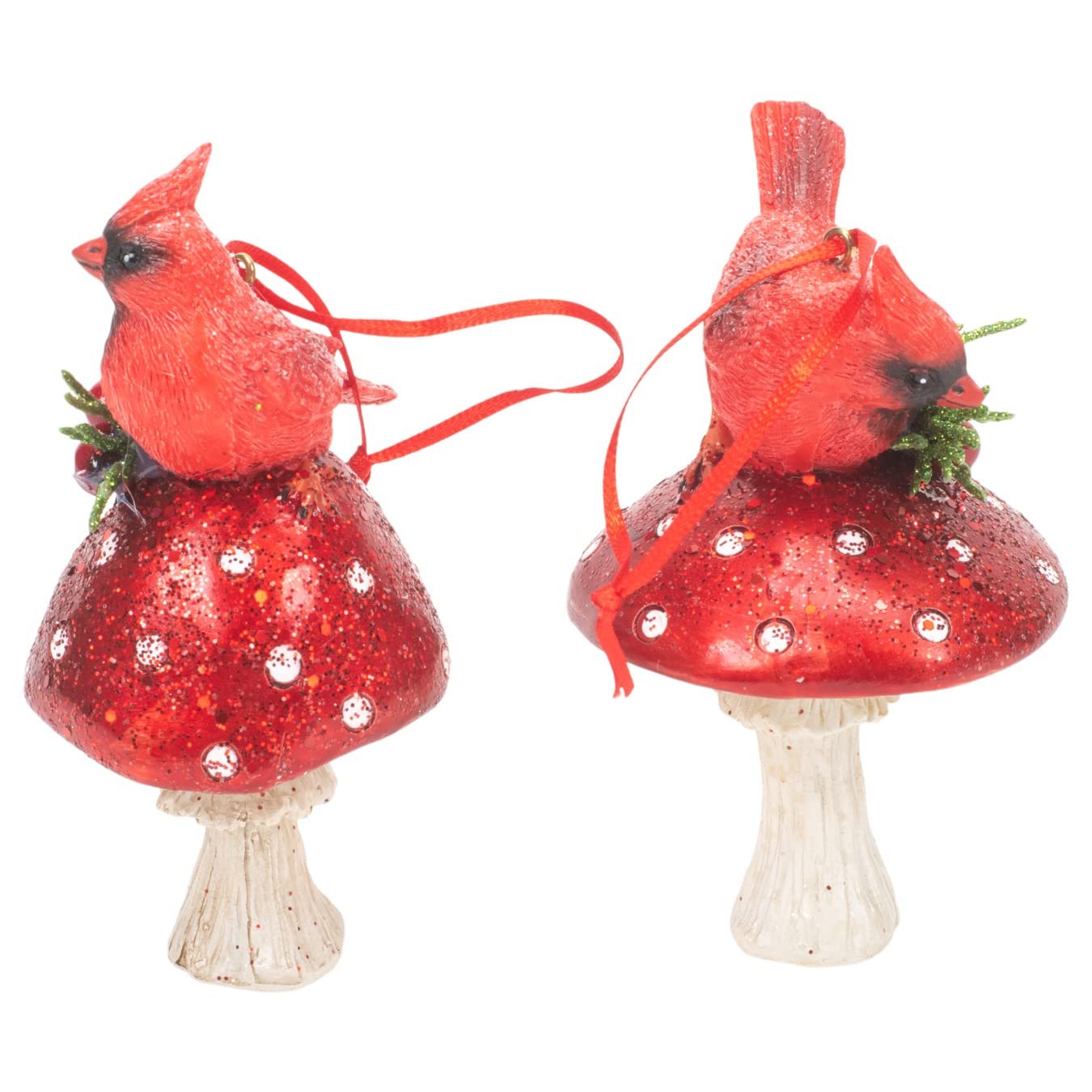 Kurt Adler Holiday Cardinal on Forest Mushroom Ornament, Set of 2