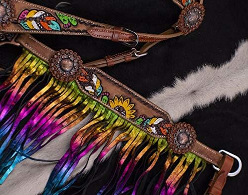 Showman Feather, Sunflower & Cactus Headstall & Breast Collar Set w/Metallic Rainbow Fringe