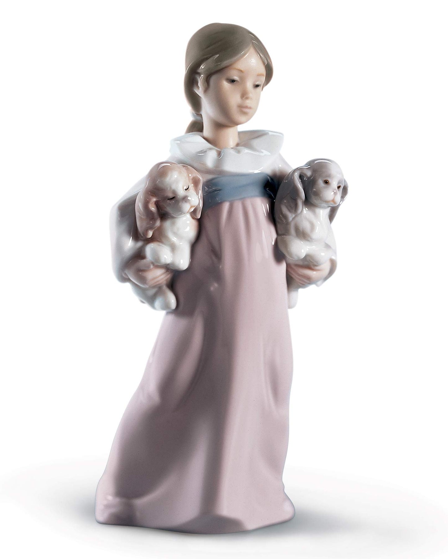 LLADRÓ Glossy Porcelain Figure of Girl 'Arms Full of Love' in Pastel Tones. Decorative Porcelain Figurine of a Little Girl with Puppies.