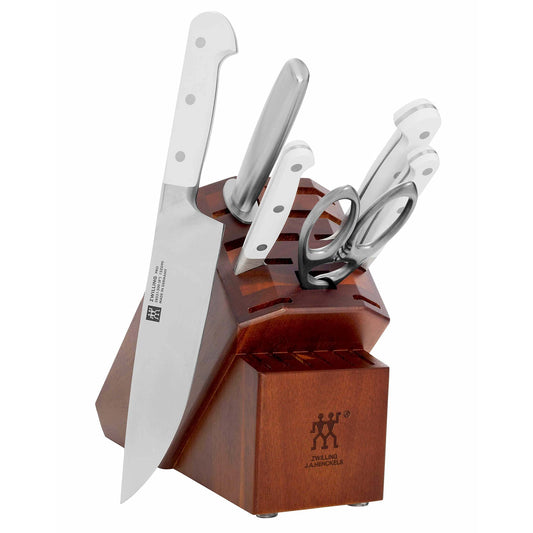 ZWILLING Pro Le Blanc 7-pc Knife Block Set, 4 Essential Knives, Honing Steel, Shears, Acacia Block, White Polymer Handle, Made in Germany