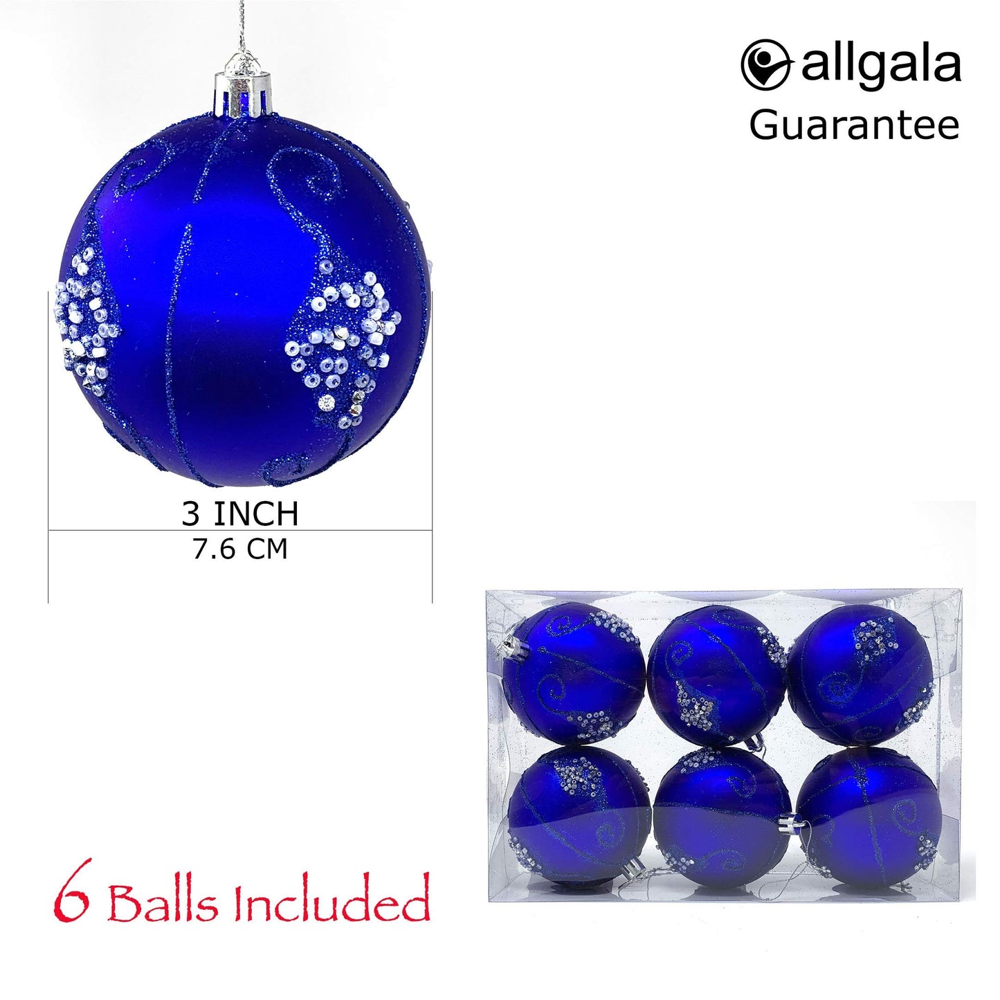 allgala 6-PK 3 Inch Luxury Glitter Rich Decoration Christmas Tree Ornament Balls