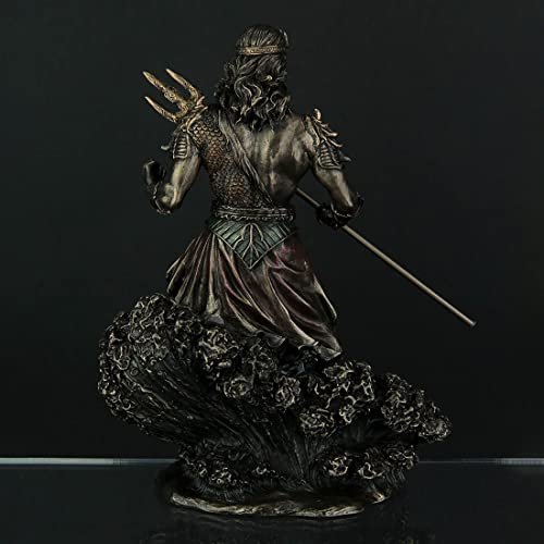 Veronese Design 8" Tall Poseidon Ruler of The Sea Holding Trident Standing On Wave Cold Cast Resin Statue Antique Bronze Finish Sculpture