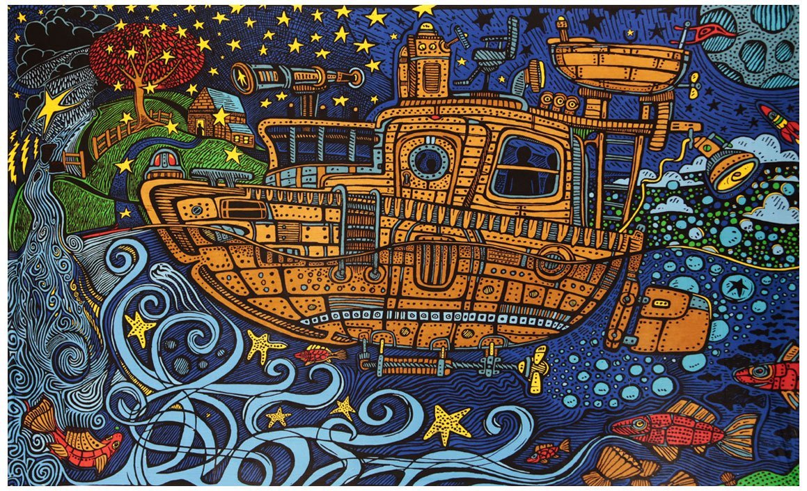 Sunshine Joy 3D Steampunk Tugboat Tapestry Wall Hanging Trippy Table Cloth Magical Dorm Decor - Huge 60x90 Inches