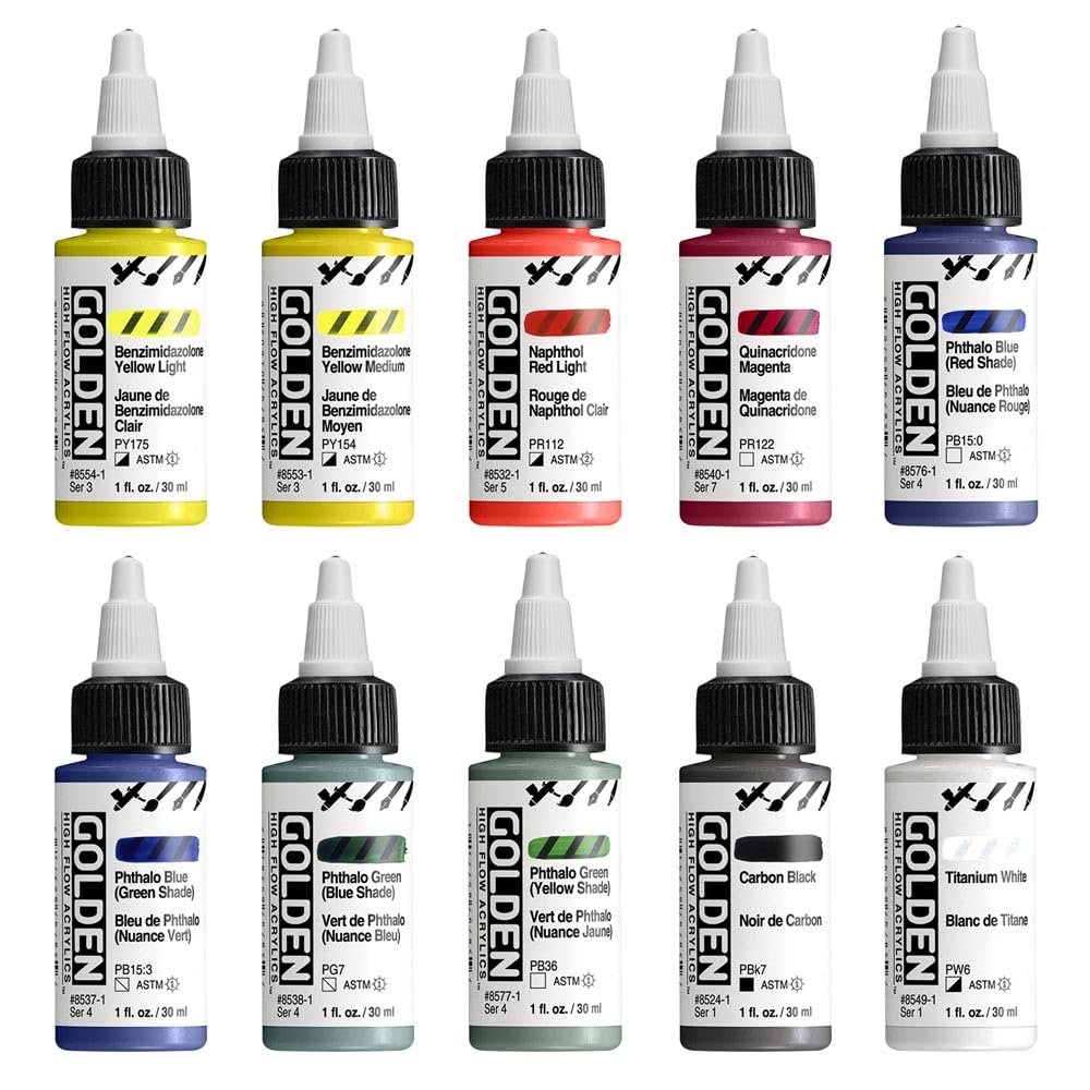 High Flow Acrylics by GOLDEN, High Flow Mixing Set, 10 Colors, Professional Acrylic Paint