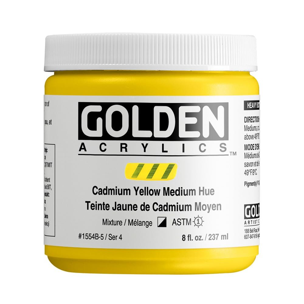 Heavy Body Acrylics by GOLDEN, Cadmium Yellow Medium Hue, 8 fl. oz. Jar, Professional Acrylic Paint, Semi-Opaque