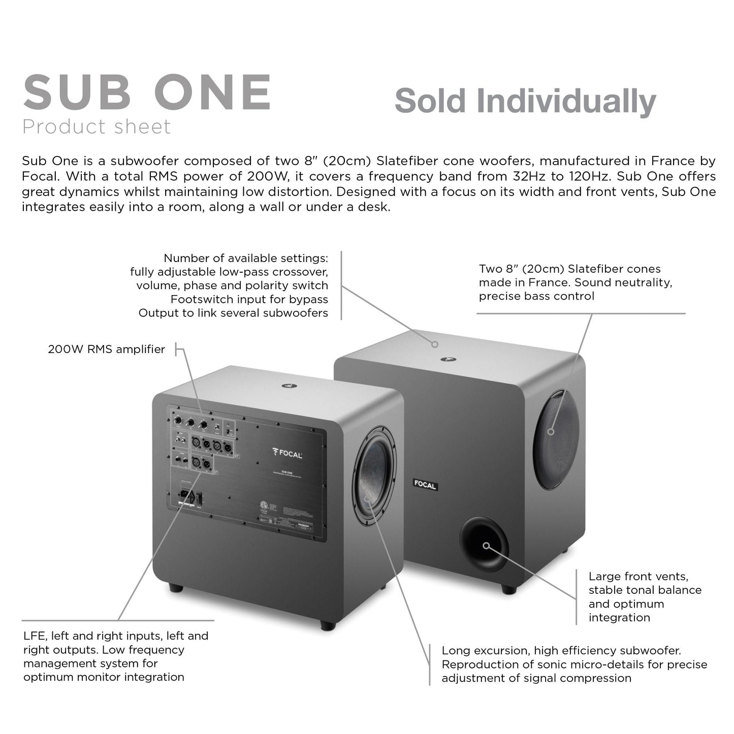 Focal Sub One – Dual 8" Active Studio Subwoofer, 200W RMS, Slatefiber Drivers, 32Hz–120Hz, Professional Bass Management for Mixing & Mastering