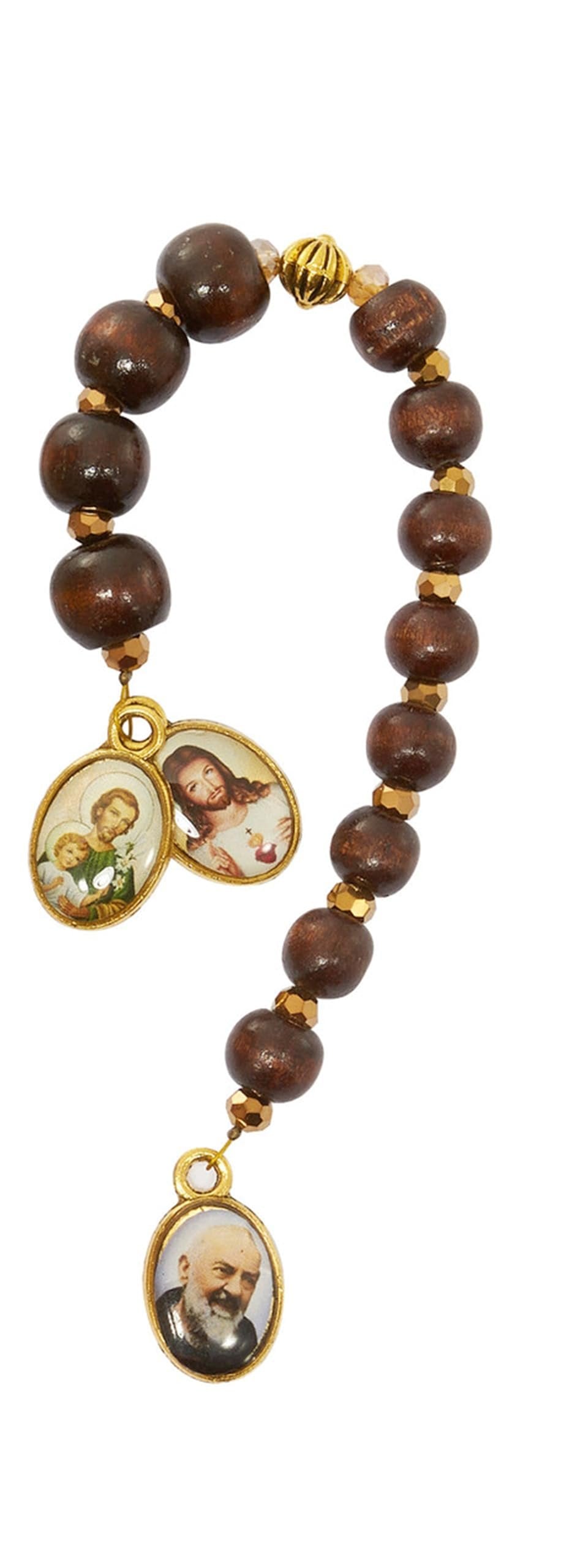 St Pio Novena Chaplet Brown Prayer Beads with Full Color Medal and How To Pray Chaplet Card