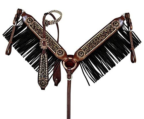 Showman Leather Headstall & Breast Collar Set w/Cheetah Print & Fringe