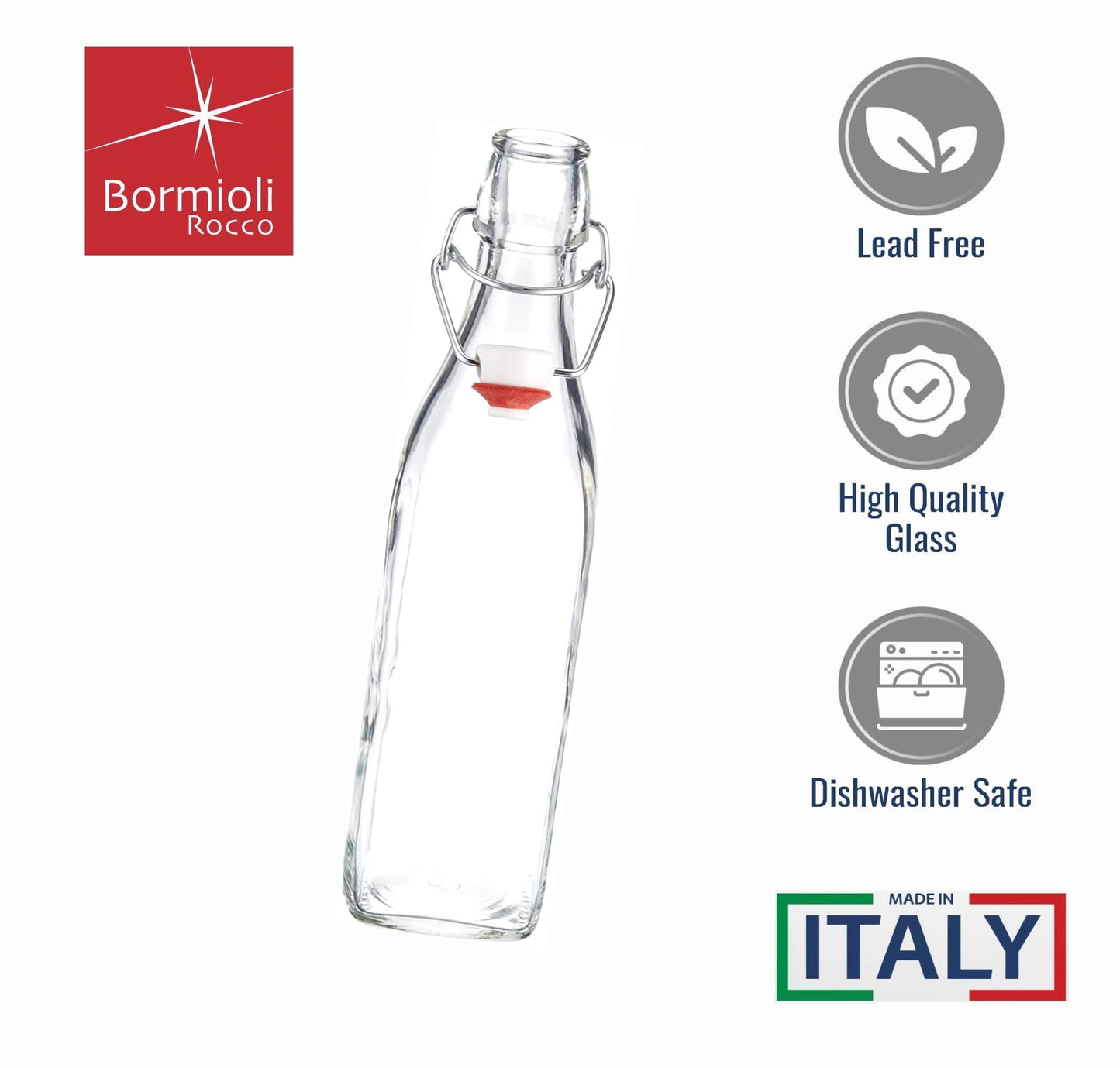 Bormioli Rocco Swing Top Glass Bottle (Set of 4) - Reusable Container with Secure Metal Clasp, Ideal for Homemade Juices, Oil Infusions, Condiments, Mixers - Everyday Drinking Glasses