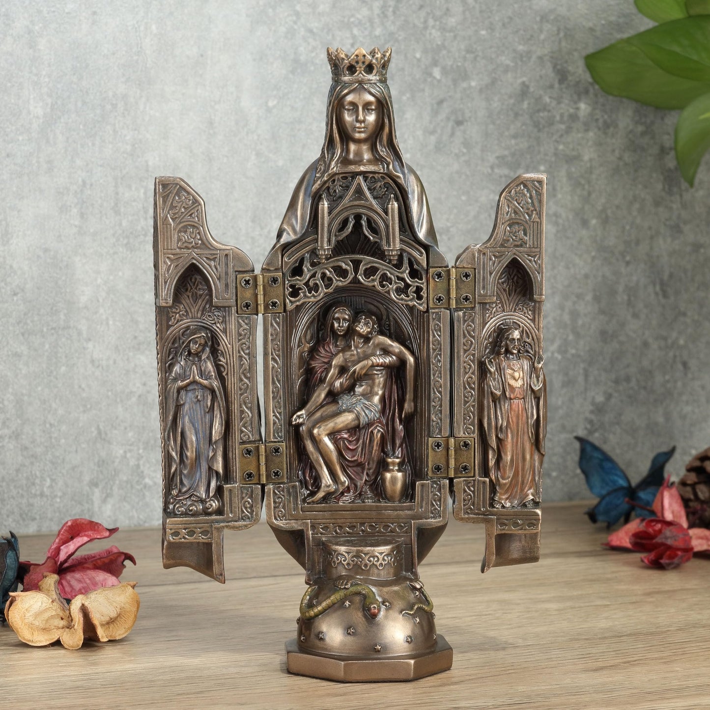 Veronese Design 8 1/8 Inch Lady of Grace with Polyptych Sculpture of Pieta Resin Statue Cold Cast Bronze Finish