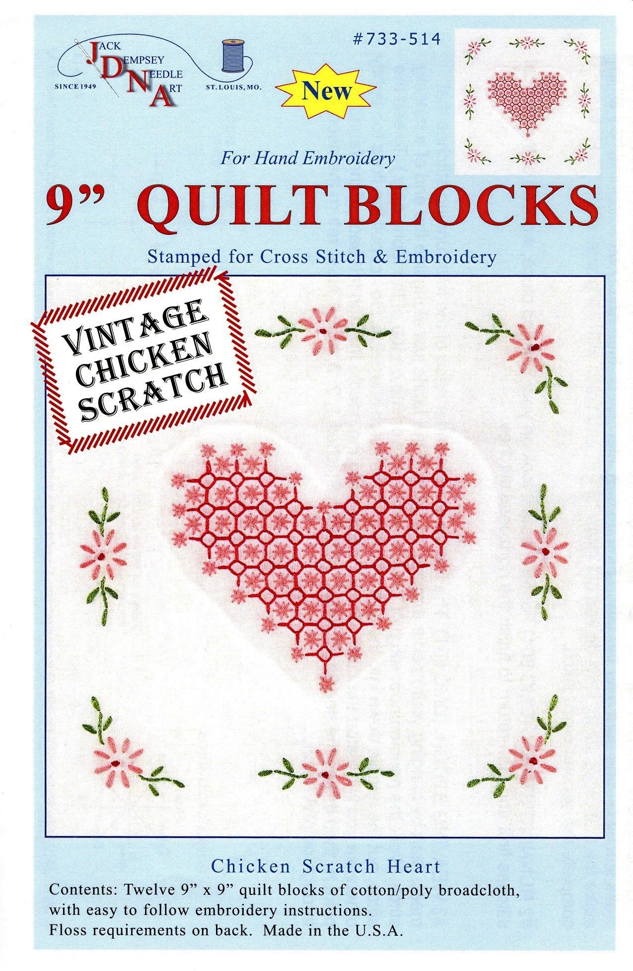 Jack Dempsey Stamped White Quilt Blocks, 9-Inch by 9-Inch, Chicken Scratch Hearts, 12-Pack