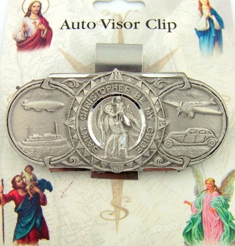 WJH Pewter Saint Christopher Be My Guide Land Sea and Air Visor Clip, 2 3/8 Inch