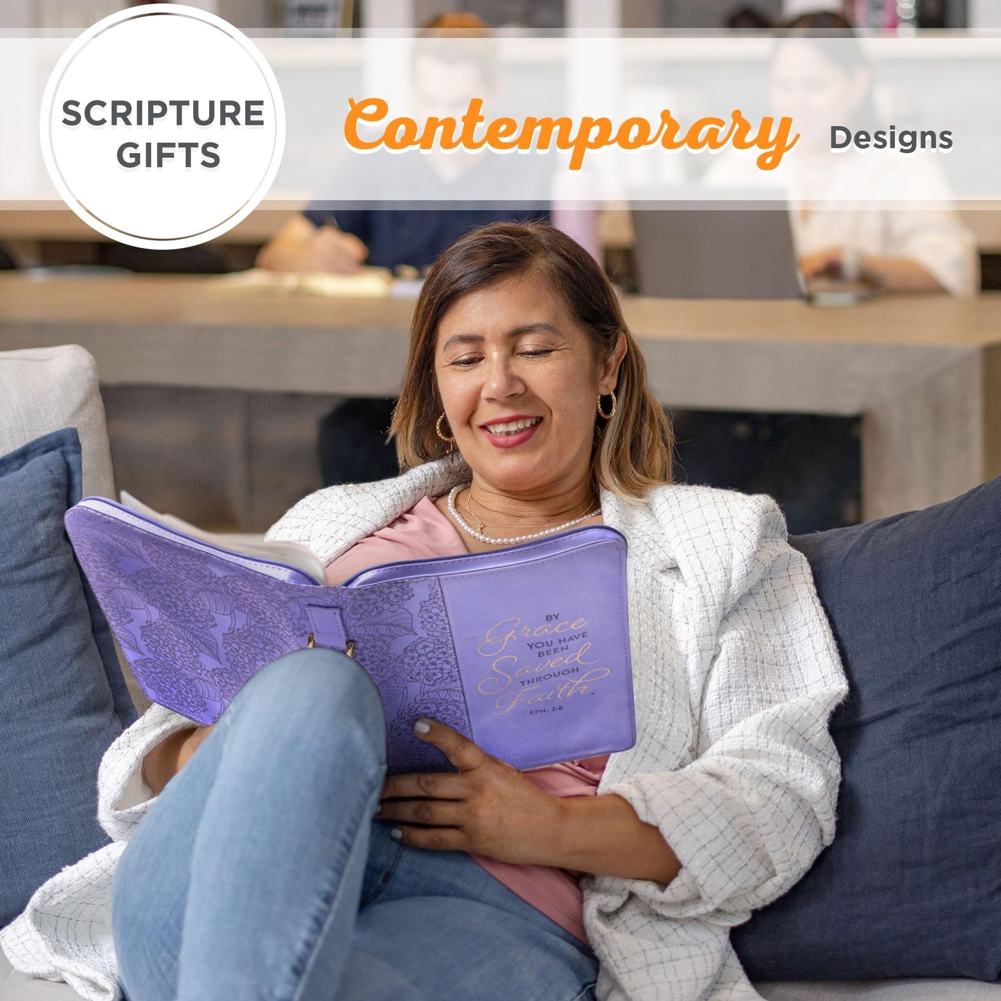 Christian Art Gifts Faux Leather Fashion Bible Cover for Women: by Grace You Have Been Saved - Ephesians 2:8 Inspirational Bible Verse, Hydrangea Lavender-Purple, Large