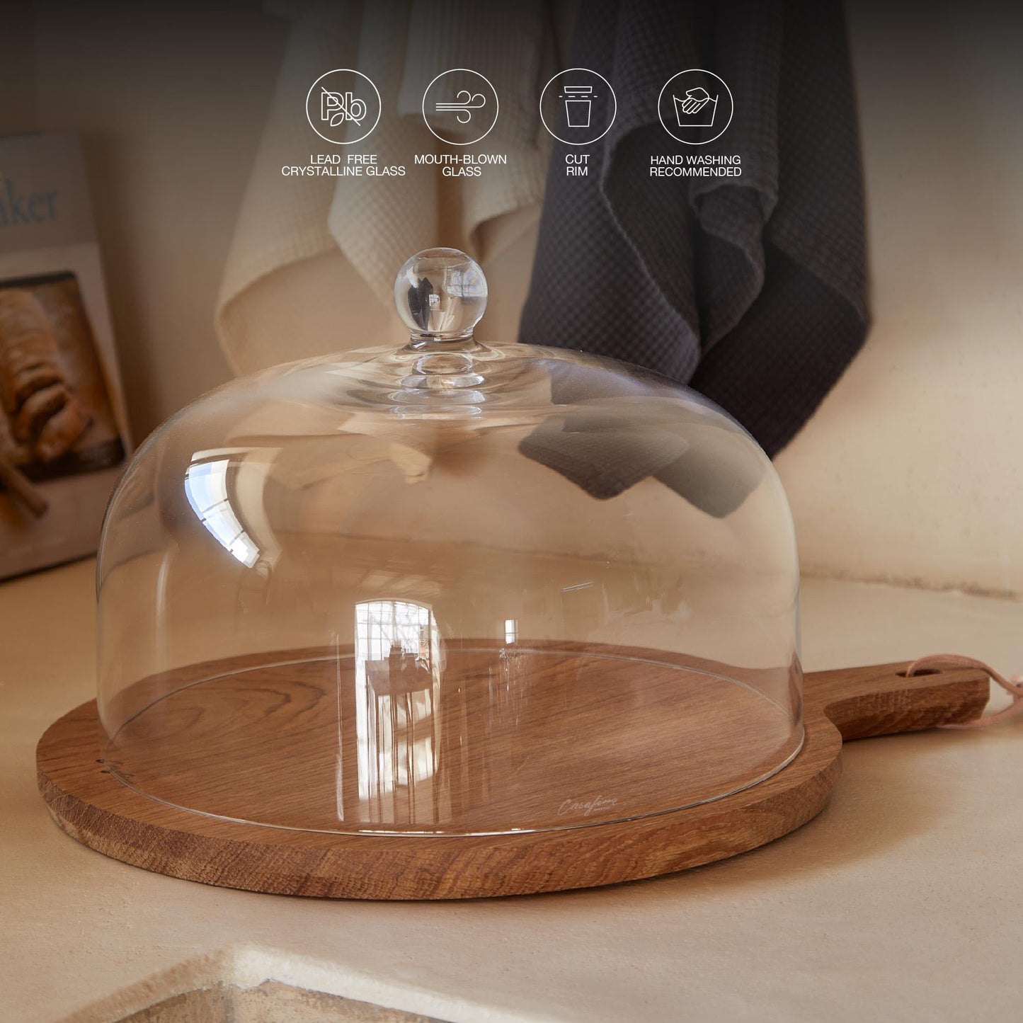 Casafina 12" Glass Dome Cloche - Arcade Collection, Clear | Mouth-Blown Handmade Cake Cover | Food Safe Glassware | Restaurant Quality Serveware