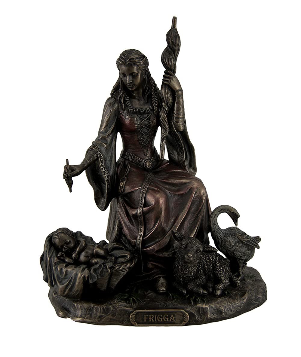 Resin Statues Frigga Norse Goddess Of Destiny Love And Marriage W/Infant Animals & Spindle 6 X 7.75 X 4.5 Inches Bronze