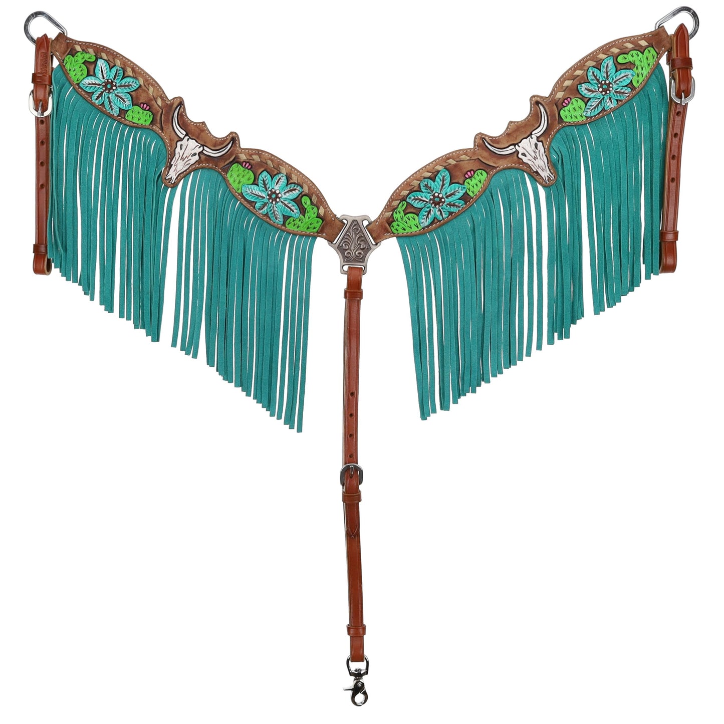 Showman Steer Skull & Cactus Leather Headstall & Breast Collar Set w/Fringe