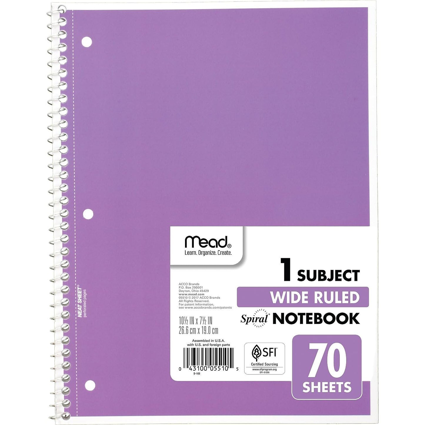 Mead Spiral Notebook, 1-Subject, Wide Rule, 70 Sh, 10-1/2"x8", Ast. - Pack of 1