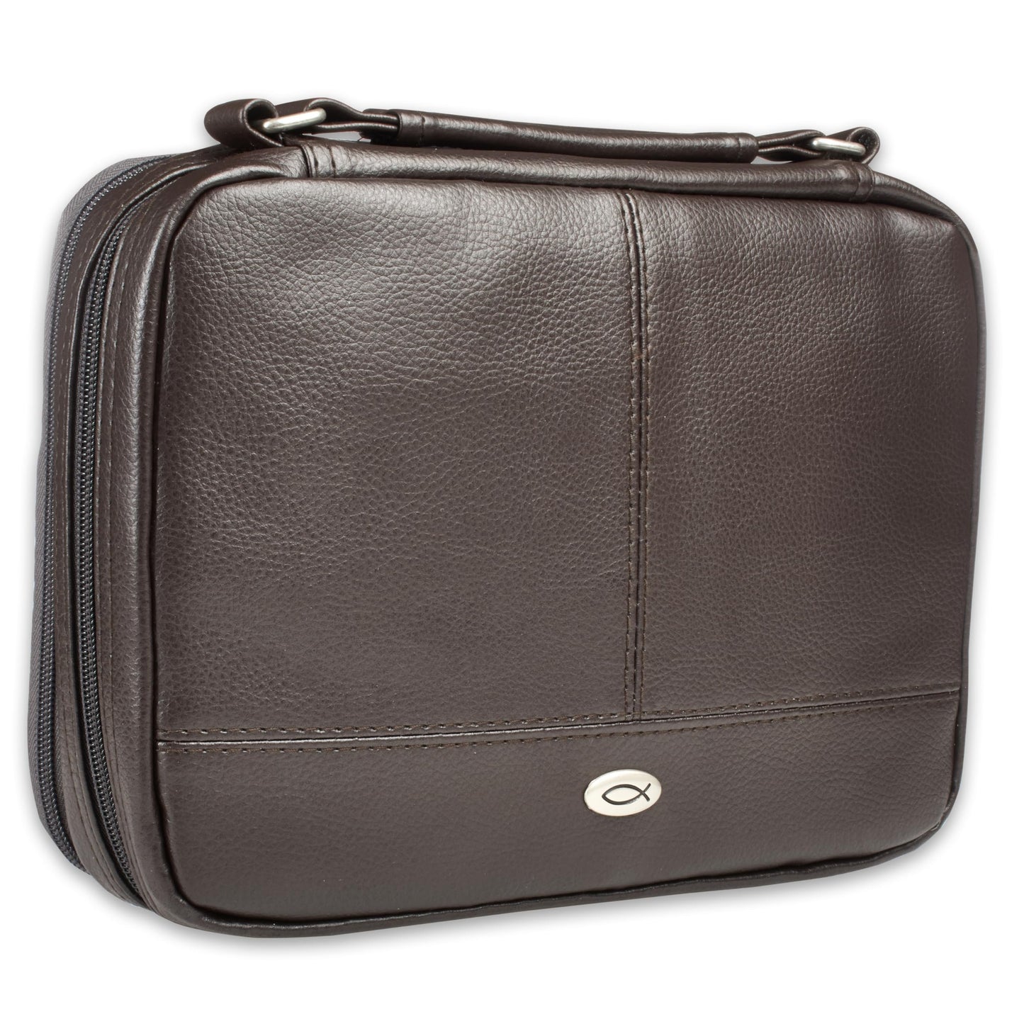 Christian Art Gifts Brown Faux Leather Bible Cover for Men and Women | Ichthus Jesus Fish Emblem Zippered Two-Fold Organizer Case for Bible or Book w/Handle Small Thinline
