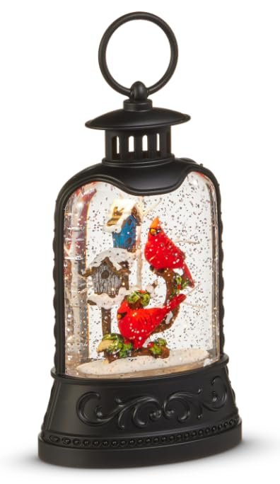 RAZ Imports 8" Cardinal and Birdhouse Lighted Water Lantern with Swirling Glitter, Holiday Tabletop Decoration, Battery or USB Powered