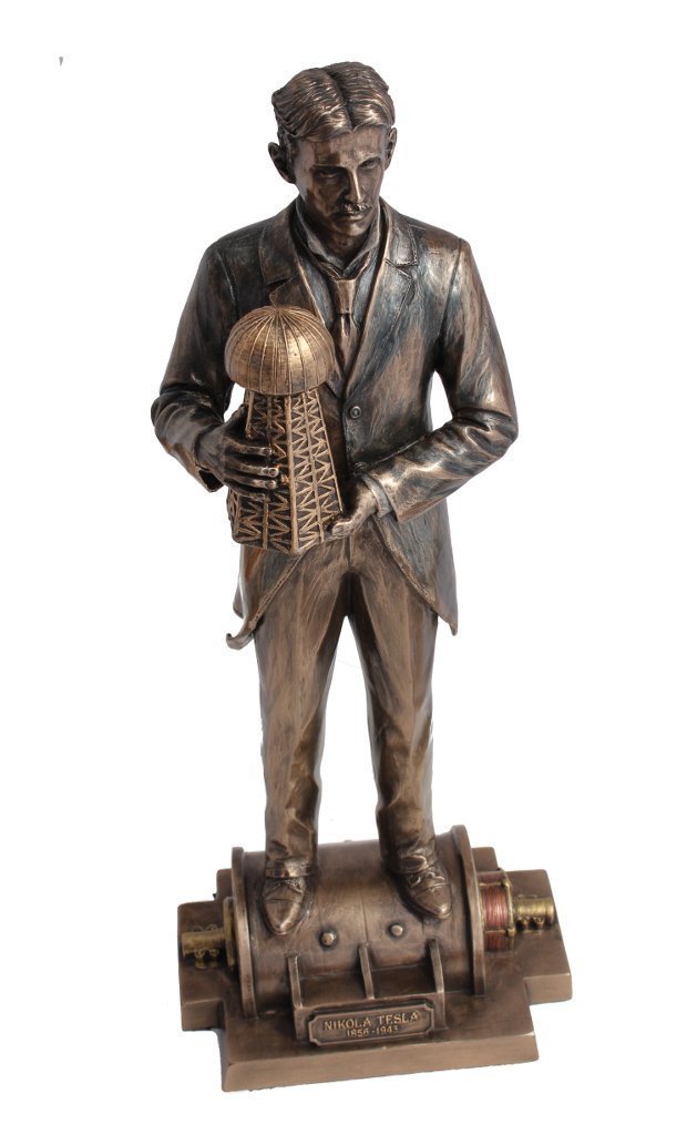 Veronese Design 12" Tall Nikola Tesla Holding a Model of Wardenclyffe Tower Statue Cold Cast Resin Antique Bronze Finish Sculpture