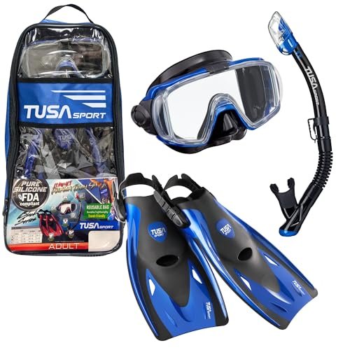 TUSA Sport Adult Black Series Visio Tri-Ex Mask, Dry Snorkel, and Fins Travel Set,