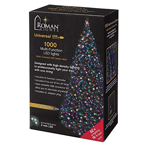 Roman Lights Superbright LED USB 1000L Multi 84 ft, Green Cord Light Set, 10 Function Controller, 8 on/16 Off Timer, String, Perfect for Lighting Trees, Railings and More