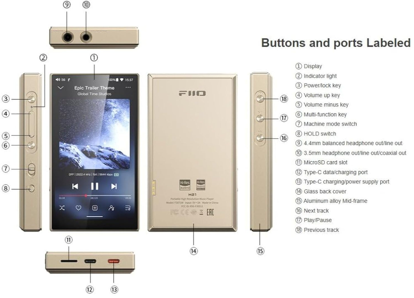 FiiO M21 Android 13 Portable Music Player MP3 Snapdragon 680 4* CS43198 DAC Chips Hi-Res Audio DSD Bluetooth LDAC