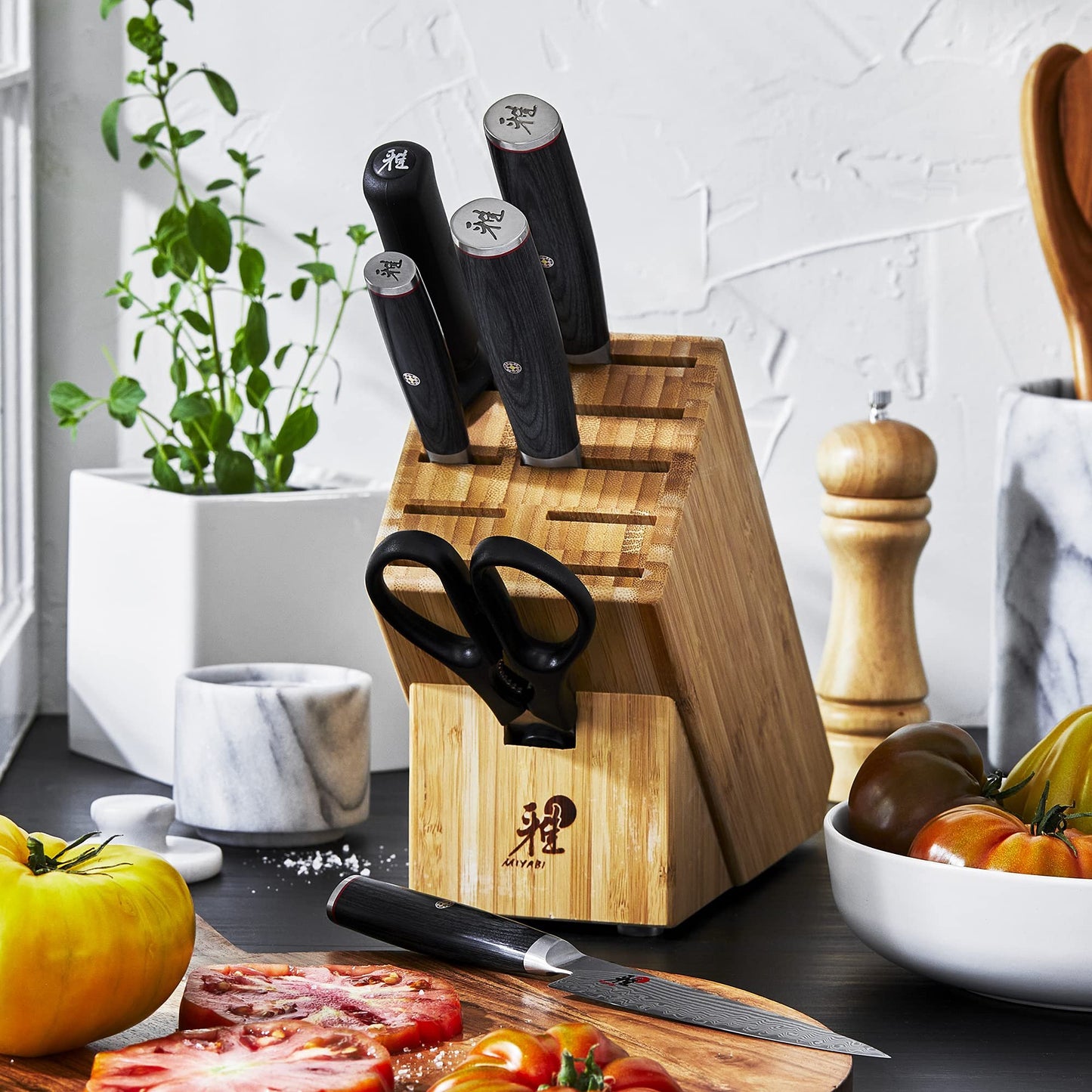 Miyabi Kaizen II Japanese 7-pc Knife Set, Complete Kitchen Knife Set, Black Pakkawood Handle, 48-Layer Flower Damascus Pattern, Handcrafted in Seki, Japan
