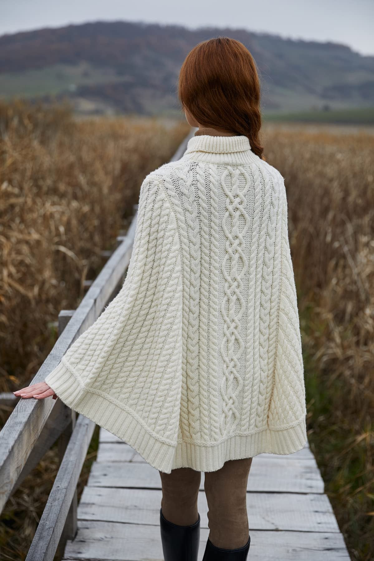 SAOL 100% Merino Wool Cable Knit Ladies Irish Aran Poncho Cardigan