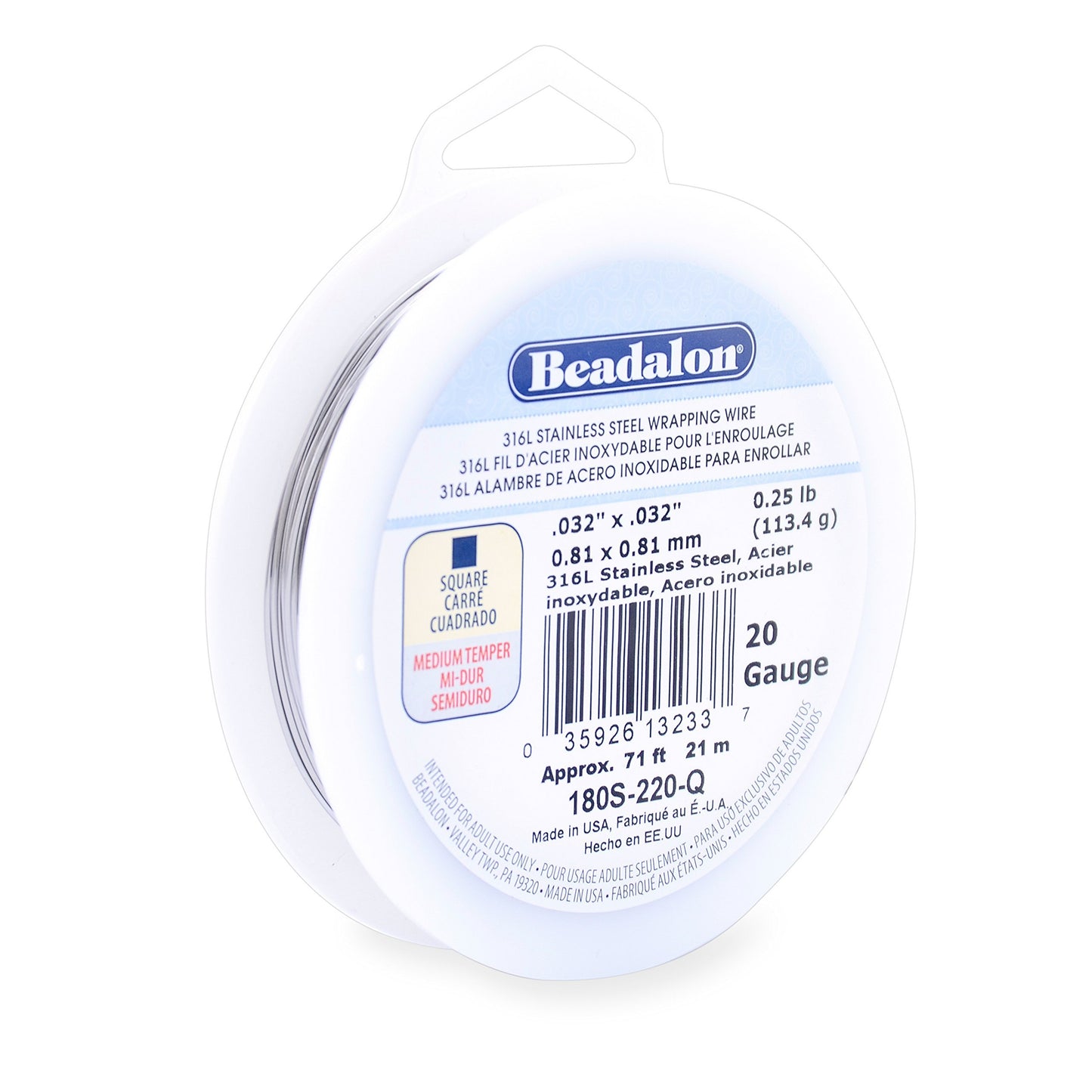 Beadalon 316L Stainless Steel Wrapping Wire, Square, 20 Gauge, 71 feet, 1/4 Pound